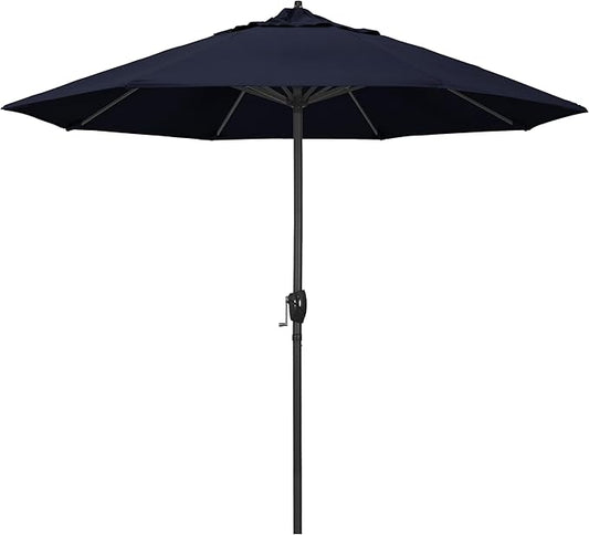 California Umbrella 9' Rd Aluminum Patio Umbrella, Crank Lift, Auto Tilt, Black Finish, 4yr Fade Warranty, Navy Blue