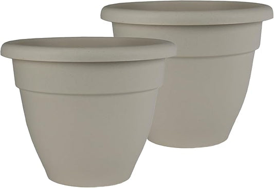 The HC Companies 14 Inch Caribbean Planter Pots w/Drainage & Plug, Rolled Rim Plastic Planters for Indoor Outdoor Plants, 2-Pack Decorative Flower Pots for Garden, Office & Home Decor, Cottage Stone