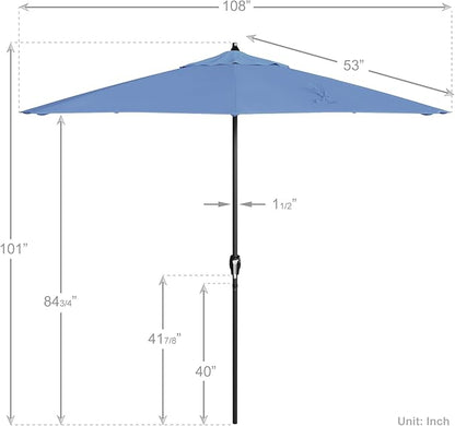 California Umbrella 9' Rd Aluminum Patio Umbrella, Crank Lift, Auto Tilt, Black Finish, 4yr Fade Warranty, Frost Blue