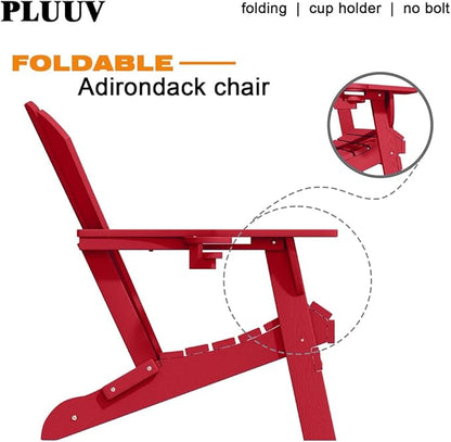 Folding Adirondack Chair with Cup Holders Set of 2, HDPE Plastic Outdoor Chairs, Weather Resistant, Real Wood Look for Patio, Deck, Fire Pit, Backyard, Red