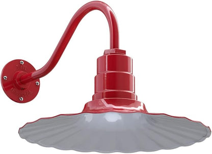 Steel Lighting Co. Highland Park Barn Light | Outdoor Wall Mounted | 16 inch Radial Wave | 16 inch Gooseneck | Vintage Style Made in America | Red Exterior/White Interior