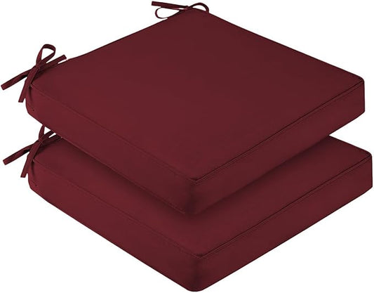 downluxe Waterproof Outdoor Chair Cushions for Patio Furniture, 18" x 18" x 2" Patio Chair Cushion with Adjustable Ties & Portable Handle, Square Outdoor Cushion with Removable Cover, Burgundy, 2 Pack