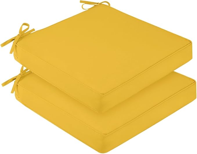 downluxe Waterproof Outdoor Chair Cushions for Patio Furniture, 18" x 18" x 2" Patio Chair Cushion with Adjustable Ties & Portable Handle, Square Outdoor Cushion with Removable Cover, Yellow, 2 Pack