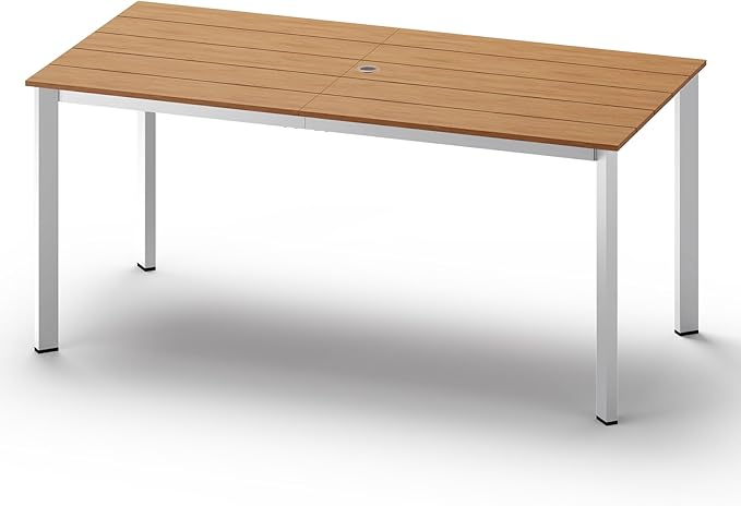 Outdoor Patio Dining Table, Aluminum & HDPE Outdoor Table with Umbrella Hole, All-Weather for Deck, Garden, Lawn, Backyard, Poolside and Indoor Use (White & Teak)