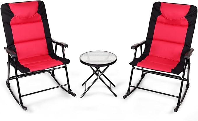 Tangkula 3-Piece Folding Bistro Set, Outdoor Rocking Chairs & Round Table, Patio Folding Furniture Set for Backyard, Garden, Poolside, Porch (Red)