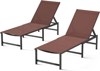 Patio Lounge Chair, Aluminum, 5 Adjustable Backrest,2 Piece,Brown | Lightweight rustproof aluminum.5 adjustable backrest positions.Breathable quick-dry fabric.For poolside,beach,lawn,backyard.