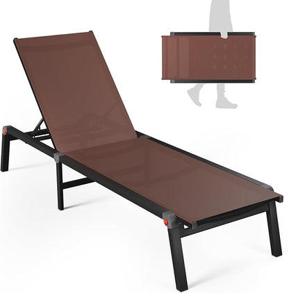Patio Lounge Chair, Aluminum Foldable 5-Position, 1 Pack,Brown | Lightweight rustproof aluminum. Breathable quick-dry fabric. Full flat recline for sunbathing. Poolside, deck, beach, lawn.