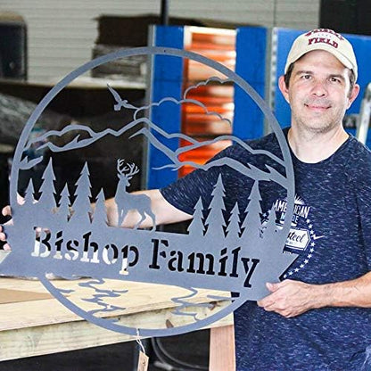 RealSteel Personalized Metal Wall Art - Circular Nature Scene with Mountains, Lake, Deer & Bird - Custom Name on Banner - Outdoor Landscape Decor for Home & Gifts - Gold, 36"