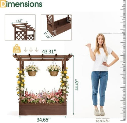 VINGLI Raised Garden Bed with Trellis & Hanging Roof, Wooden Garden Bed, Outdoor Planter Box for Yard, Garden, Balcony (Carbonized Wood Color, Medium)