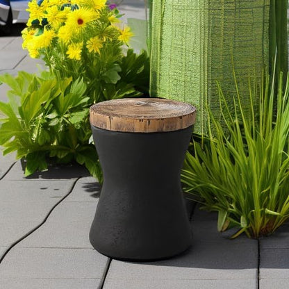 HOMPUS Outdoor Concrete Side Table Sets of 2, 2 Pieces Black Round Patio End Table, Small Outdoor Accent Table, Hourglass Shaped Garden Stool for Paito, Outside, Black