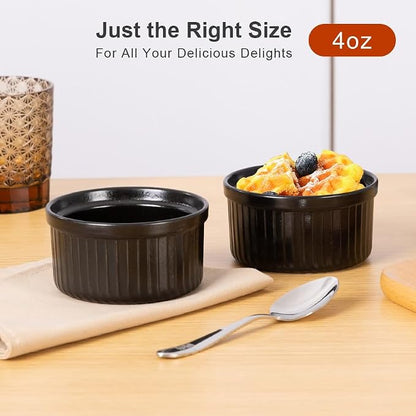 Yachi Ramekins Black, 4 oz 6 Pieces Ceramic Baking Ramekin Set of 6 Stoneware Bakeware Serving for Sauces Dipping Onion Soup Lava Cake Flan Creme Brulee Kit Pudding Mini Custard Ramekins Oven Safe Mini Custard Cups small Bowls for Souffle Merry Christmas