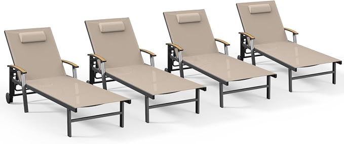 Ciokea Outdoor Lounge Chair with Pillow Set of 4, 5-Position Chaise Lounges with Wheels & Armrests, 400 lbs Heavy Duty Aluminum Pool Lounge Chairs, for Deck, Beach, Backyard & Poolside, Khaki