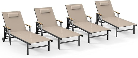 Ciokea Outdoor Lounge Chair with Pillow Set of 4, 5-Position Chaise Lounges with Wheels & Armrests, 400 lbs Heavy Duty Aluminum Pool Lounge Chairs, for Deck, Beach, Backyard & Poolside, Khaki