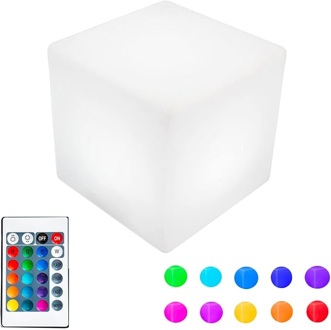 Novelty Lights 4 Inch RGB Cube Rechargeable Night Light, Waterproof Mood Lighting with Remote Control, Color-Changing Glow Cube for Indoor/Outdoor Use