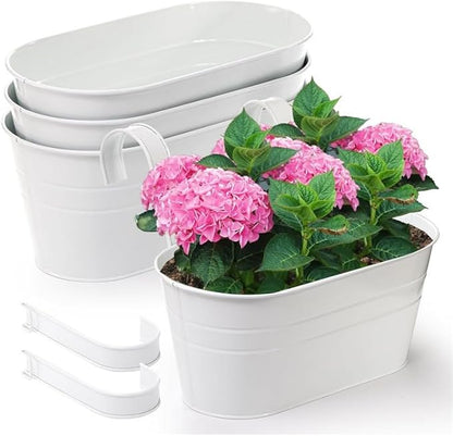 3 Pack Metal Iron Plant Pot Holders Balcony Garden Plant Planter Baskets Fence Bucket Pot Bucket Flower Holders Wall Hanging Decor Pot with Detachable Hooks