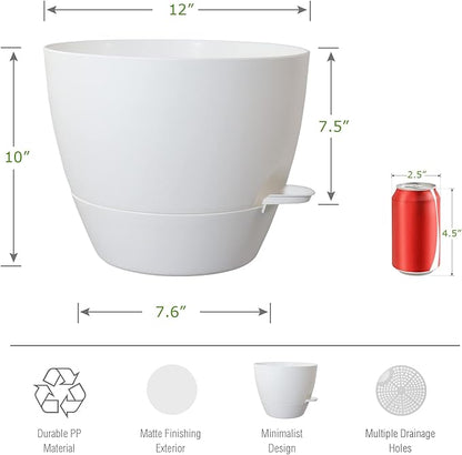 UOUZ 12inch 2Pack Large Self Watering Planters, Plastic Plant Pots with 60oZ Removable Deep Reservoir and Multi Mesh Drainage Holes for Indoor Outdoor Garden Plants and Flowers, White