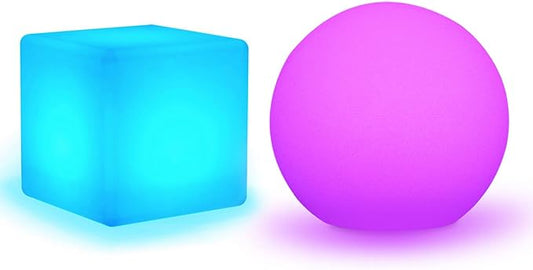 Mr.Go 10-inch LED Ball Light and 8-inch LED Cube Light Bundle, Rechargeable, Remote Control, Dimmable 16 RGB Colors 4 Modes, Waterproof, Great as Night Light Mood Lamp Ambient Lighting Decorations