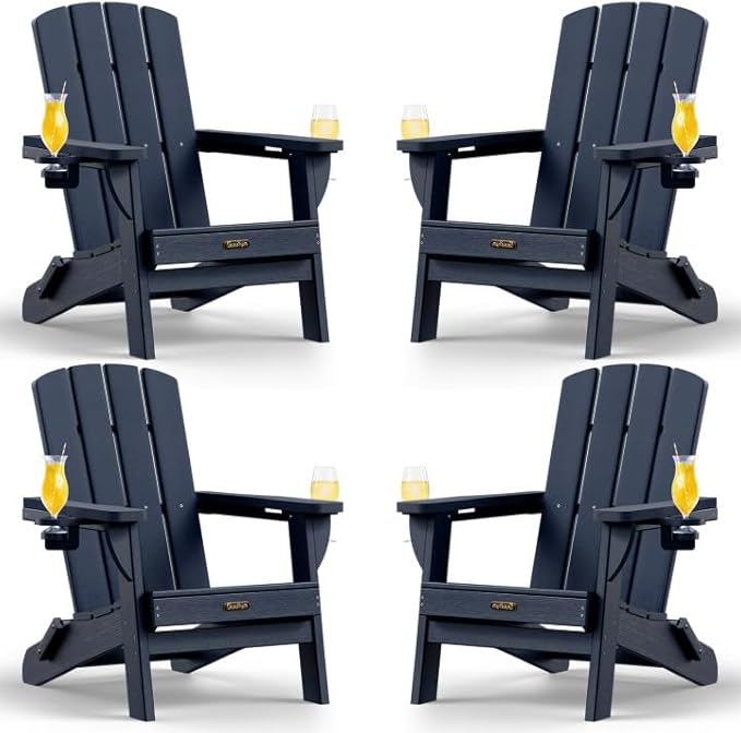 Folding Adirondack Chair 4 Pack, HDPE All-Weather Fire Pit Chairs, Plastic Adirondack Chairs with 2 Cup Holder, Outdoor Lawn Chair for Patio Garden (Navy Blue)