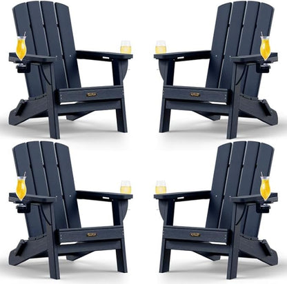 Folding Adirondack Chair 4 Pack, HDPE All-Weather Fire Pit Chairs, Plastic Adirondack Chairs with 2 Cup Holder, Outdoor Lawn Chair for Patio Garden (Navy Blue)