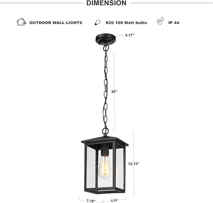 Treekee Outdoor Pendant Lighting, Exterior Hanging Lantern Porch Light, Outside Light Fixture in Black Finish with Seeded Glass, Pendant Lamp for Front, Entry, Patio, Gazebo