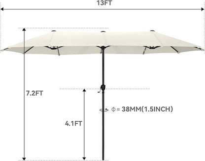 GREEN PARTY 13ft Rectangle Patio Umbrella, Double Sided Outdoor Table Umbrella with Crank & 1.5" Pole, Large Market Umbrella for Poolside Garden Deck Backyard, Ivory