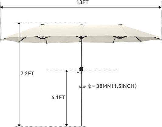 GREEN PARTY 13ft Rectangle Patio Umbrella, Double Sided Outdoor Table Umbrella with Crank & 1.5" Pole, Large Market Umbrella for Poolside Garden Deck Backyard, Ivory