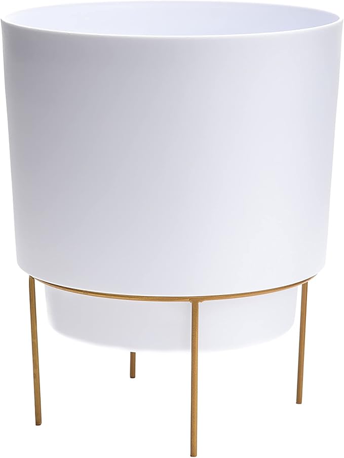 Bloem Hopson Decorative Resin Cachepot with Metal Stand, 6" Indoor and Outdoor Planter with Gold Metal Stand, White
