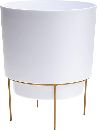 Bloem Hopson Decorative Resin Cachepot with Metal Stand, 6" Indoor and Outdoor Planter with Gold Metal Stand, White