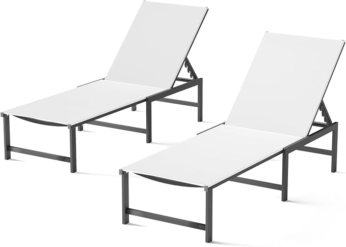 Patio Lounge Chair, Aluminum, 5 Adjustable Backrest, 2 Piece,White | Lightweight rustproof aluminum.5 adjustable backrest positions.Breathable quick-dry fabric.For poolside,beach,lawn,backyard.