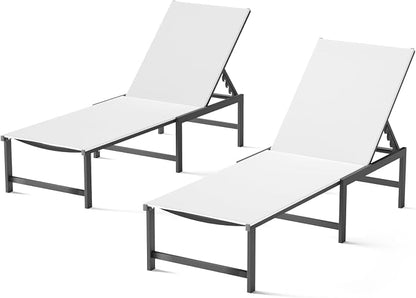 Patio Lounge Chair, Aluminum, 5 Adjustable Backrest, 2 Piece,White | Lightweight rustproof aluminum.5 adjustable backrest positions.Breathable quick-dry fabric.For poolside,beach,lawn,backyard.