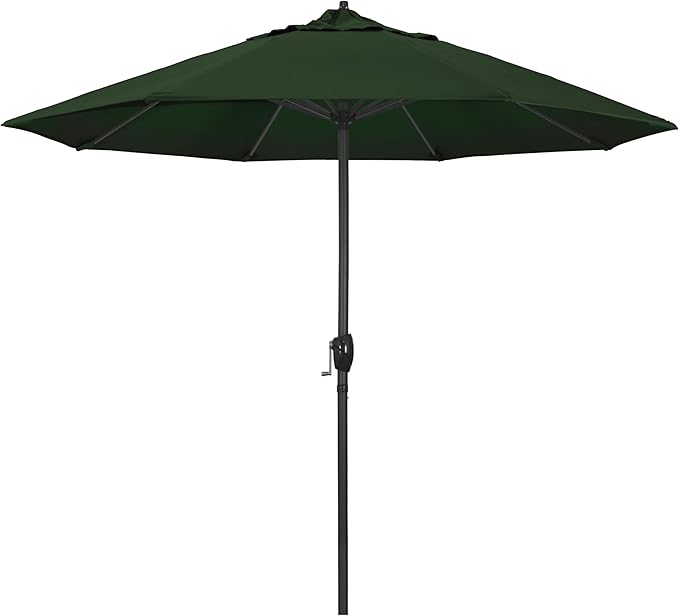 California Umbrella 9' Rd Aluminum Patio Umbrella, Crank Lift, Auto Tilt, Black Finish, 4yr Fade Warranty, Hunter Green