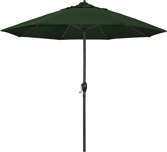 California Umbrella 9' Rd Aluminum Patio Umbrella, Crank Lift, Auto Tilt, Black Finish, 4yr Fade Warranty, Hunter Green