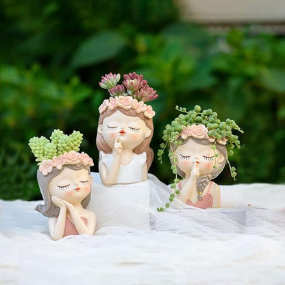Small Fairy Head Planter, 3 Pack Succulent Pots, 4 Inches Girl Face Flower Pot Cute Resin Cactus Planters with Drainage Decorations, Gift for Women and Garden Decor