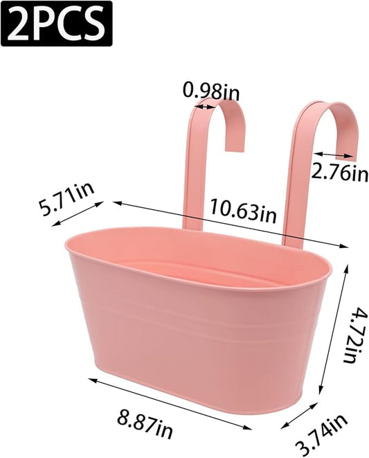 Hanging Planters Set of 2 - Big Modern Green+Pink Outdoor Pots with Sturdy Hooks, Space-Saving Design for Patio, Garden, Balcony - Durable Weather-Resistant Plant Containers