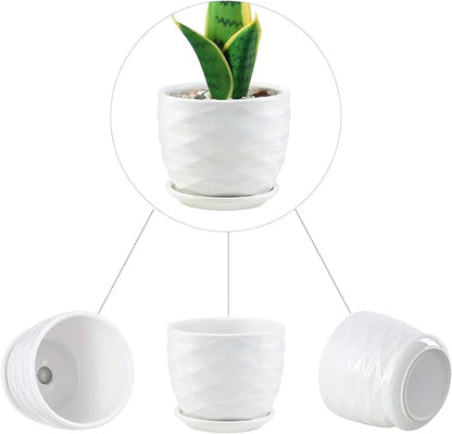 sietpoek Plant Pots - 4.7 Inch Cylinder Ceramic Planters with Connected Saucer, Pots for Succuelnt and Little Snake Plants, Set of 4, White