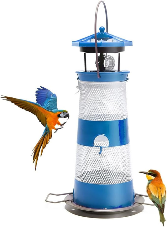 Solar Bird Feeder Lighthouse Hanging Outdoor Birdfeeder Garden Lantern Waterproof LED Lights Backyard Décor Patio Gifts for Bird Lovers (B-Lighthouse, Blue)