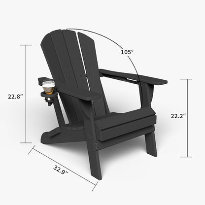 Folding Adirondack Chair with Cup Holders Set of 2, HDPE Plastic Outdoor Chairs, Weather Resistant, Real Wood Look for Patio, Deck, Fire Pit, Backyard, Black