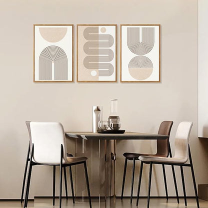 CHDITB Framed Boho Wall Art Set of 3, 24"x36" Beige Mid Century Modern Wall Decor, Abstract Geometric Line Wall Painting, Large Neutral Bohemian Canvas Art Print for Living Room, Bedroom, Office