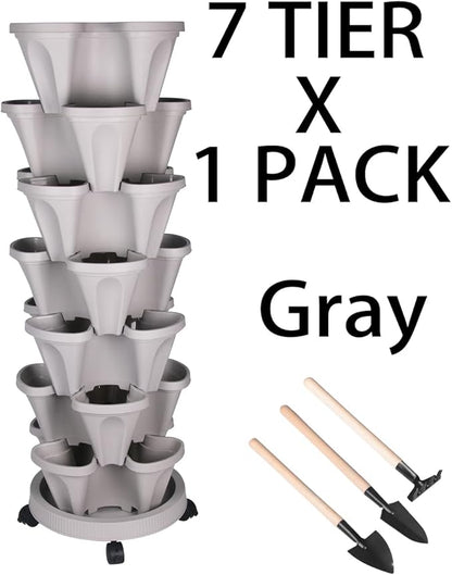 GameXcel Vertical Planter Tower- 7 Tier Stackable Garden Planter with Wheels and Tool Set – Grow Strawberries Herbs Flowers and Vegetables - Indoor Outdoor Use Gray