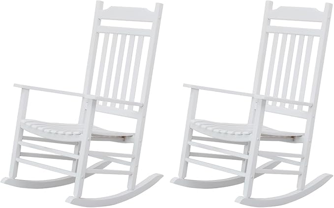 Patio Rocking Chairs Furniture White Wooden Outdoor Rockers Set of 2 Porch for Audlt Indoor Outside Balcony Garden Backyard Lawn Bistro and Lounge