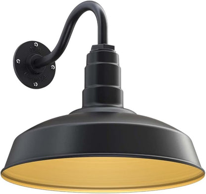 Steel Lighting Co. Gardena Barn Light | Outdoor Wall Mounted | 16" Dome | 11" Gooseneck | Farmhouse Light Made in America | Matte Black Exterior/Brass Interior
