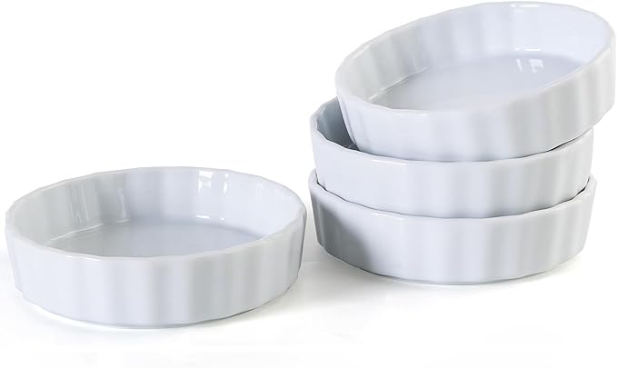 6oz Creme Brulee Ramekins Set of 4 - Ceramic Baking Dishes, Non-Stick Porcelain Pie Dish, Wave Round Baking Dish for Dessert, Pie, Tart, Souffles, Appetizers, Oven and Dishwasher Safe