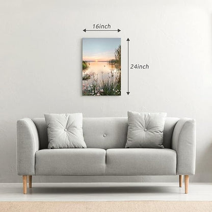Lake Canvas Landscape Wall Art: Nature Picture Print Vertical Sunset Scene Painting Artwork for Bedroom Living Room Decor