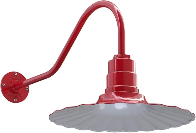 Steel Lighting Co. Highland Park Barn Light | Outdoor Wall Mounted | 16 inch Radial Wave | 23 inch Gooseneck | Vintage Style Made in America | Red Exterior/White Interior