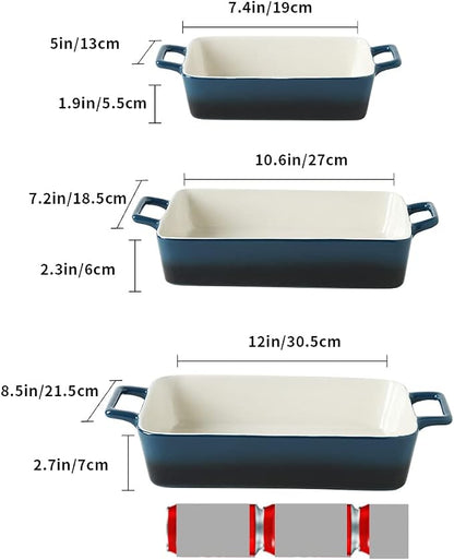 KOOV Bakeware Set, Ceramic Baking Dish, Rectangular Baking Pans Set, Casserole Dish for Cooking, Cake Dinner, Kitchen, Wrapping Upgrade, 12 x 8.5 Inches, 3-Piece (Gradient Blue)
