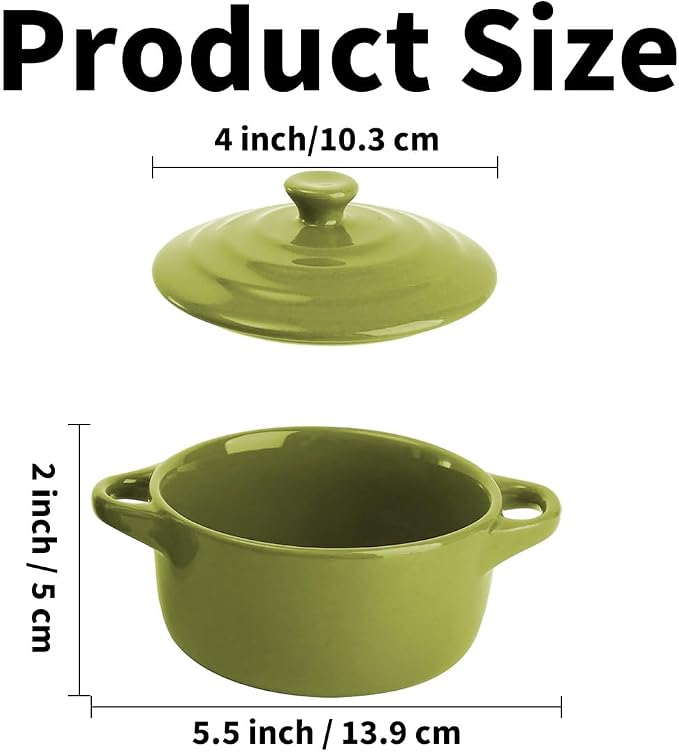 6 Pack Ceramic Ramekins Lids Mini Cocotte 8 OZ Ceramic Oven Safe | Round Small Baking Individual Serving Pot, Lasagna Souffle Soup Bowls, Oven Safe Kitchenware, Handles Round, 6 Colors