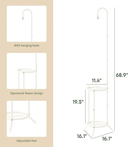 2-Tier Hanging Plant Stand Indoor and Outdoor , Space-Saving Iron Planter Shelves, Multiple Flower Pot Display Holder Shelf with Hanging Hook, Corner Plant Stands (White)