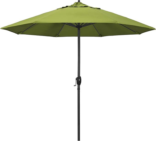 California Umbrella 9' Rd Aluminum Patio Umbrella, Crank Lift, Auto Tilt, Black Finish, Sunbrella Macaw