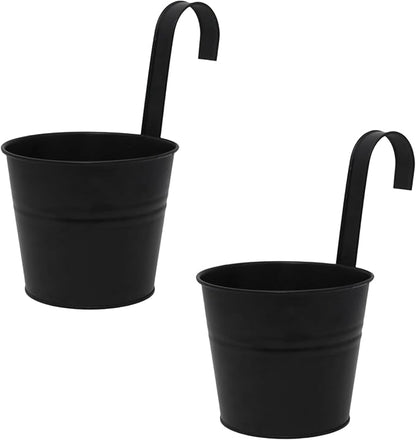 Hanging Planters Set of 2 - Small Modern Black Outdoor Pots with Sturdy Hooks, Space-Saving Design for Patio, Garden, Balcony - Durable Weather-Resistant Plant Containers