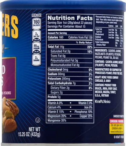 PLANTERS Deluxe Mixed Nuts - Roasted Cashews, Almonds, Brazil Nuts, Pistachios, and Pecans, Plant-Based Protein, Quick Snack, 15.25oz Canister (Pack of 2)